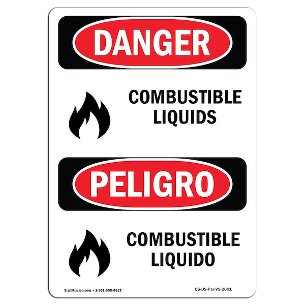 Safety Sign, OSHA Danger, 5" Height, Combustible, Bilingual Spanish, 10PK